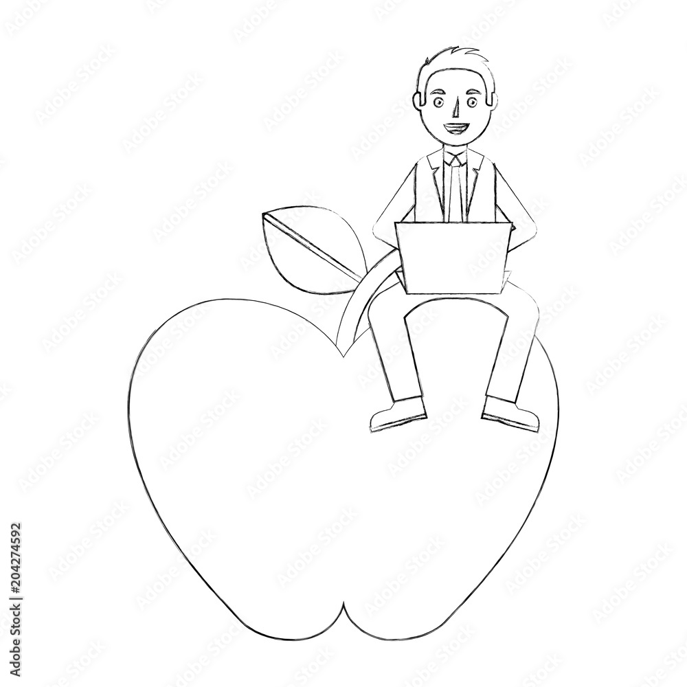 man teacher with laptop sit on big apple vector illustration sketch
