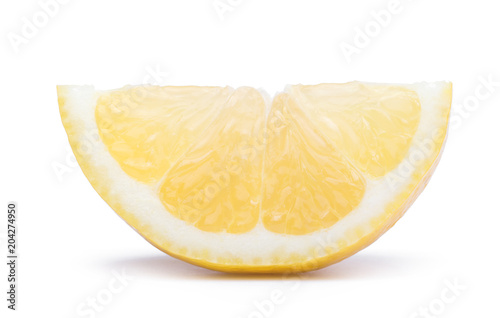 Ripe slice of yellow lemon citrus fruit isolated on white background with clipping path