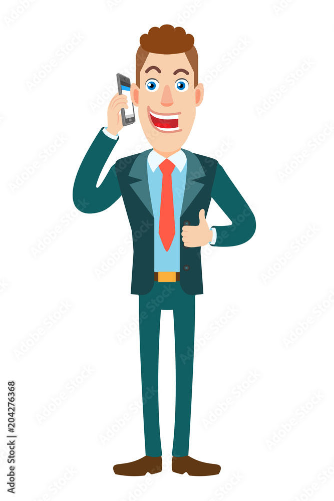 Businessman talking on mobile phone and showing thumb up Businessman talking on mobile phone and showing thumb up