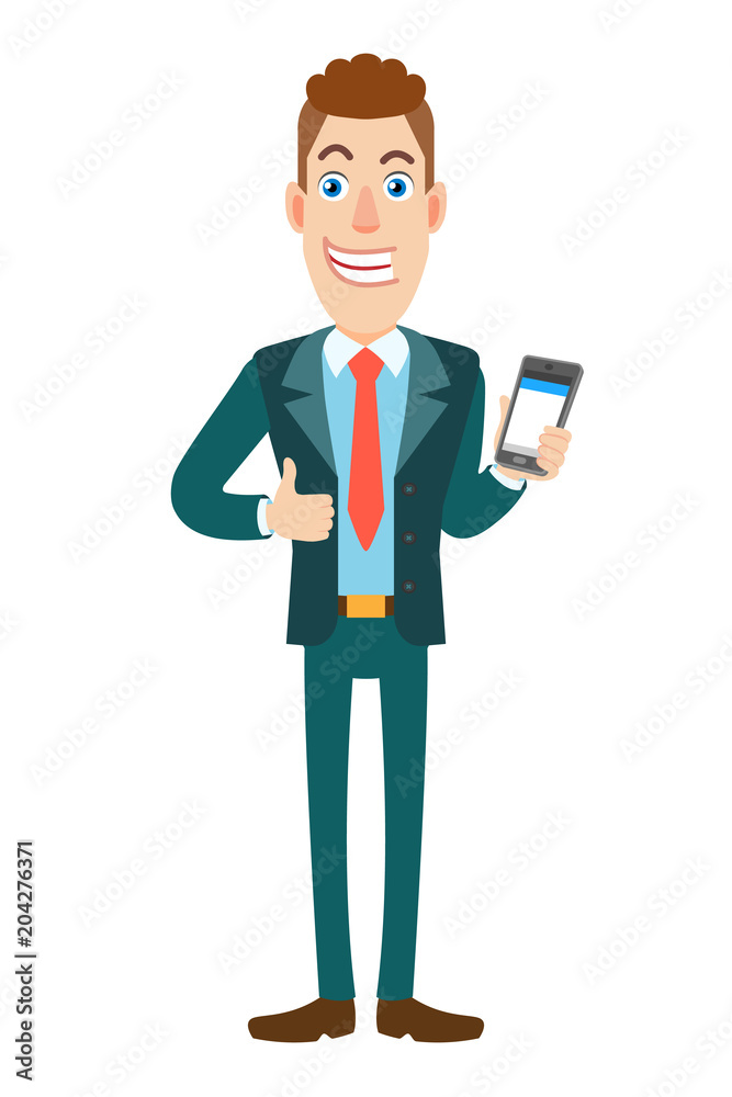 Businessman holding mobile phone and showing thumb up Businessman holding mobile phone and showing thumb up