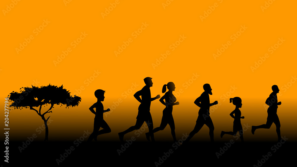 People running and jogging in morning silhouette People running and jogging in morning silhouette