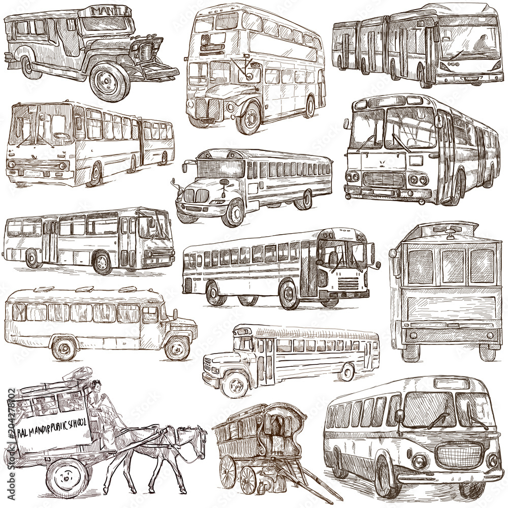 Transport, Transportation around the World. Buses. - An hand drawn collection. Freehand sketching.
