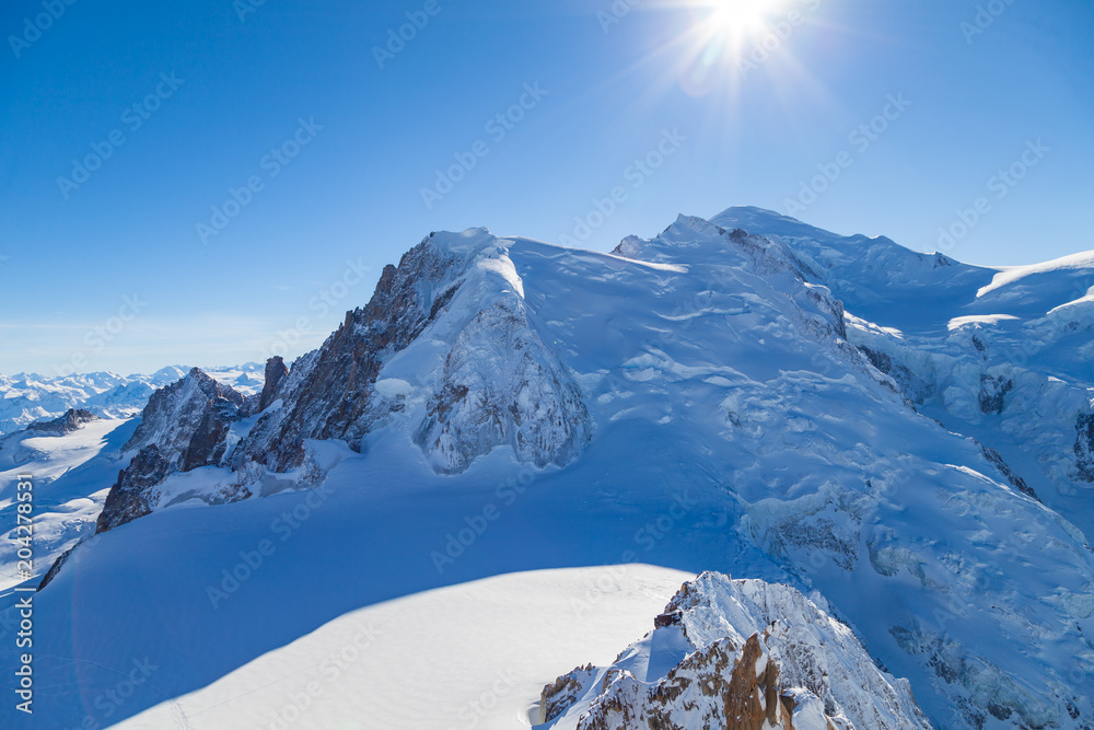 Chamonix Mont Blanc mountain. View of Auguille Du midi observation. France.