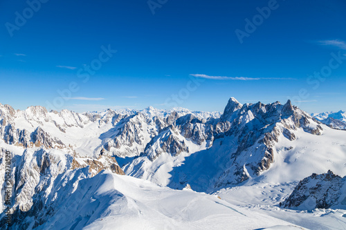 Picturesque view snowy mountain peaks panorama  Mont Blanc  Chamonix  Upper Savoy Alps  France