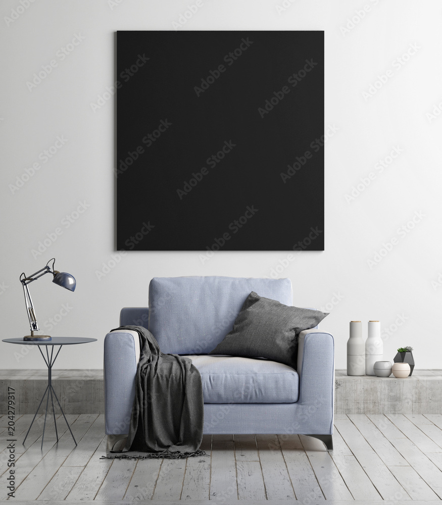Plakat Mock up black poster with armchair, concept living room, 3d render, 3d illustration