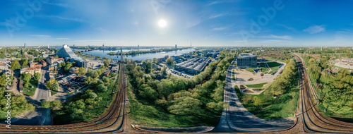 City Riga Rail roads and trains drone sphere 360 vr view