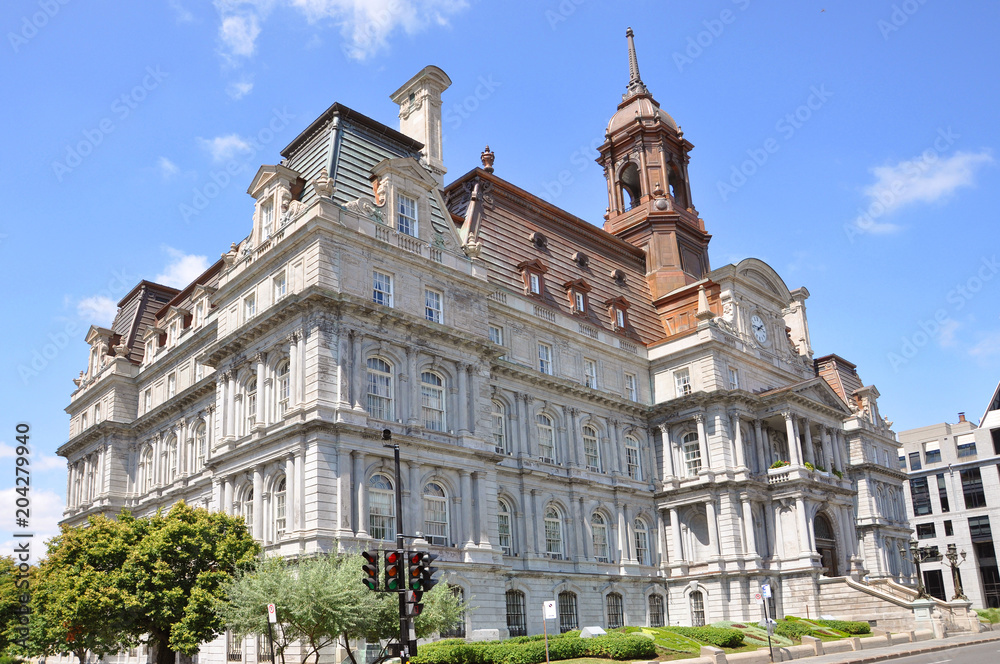 Montreal city hall is a French Empire style building in old town Montreal, Quebec, Canada