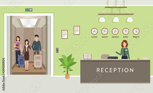 Resort hall interior design with woman employee and guests in elevator. Hotel reception counter with receptionist.
