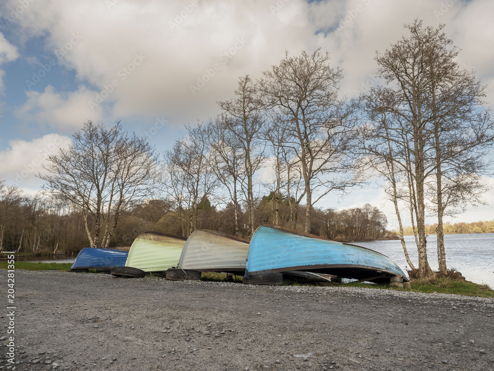 Colorful fishing boats by a lake, Colorful fishing boats by a lake,