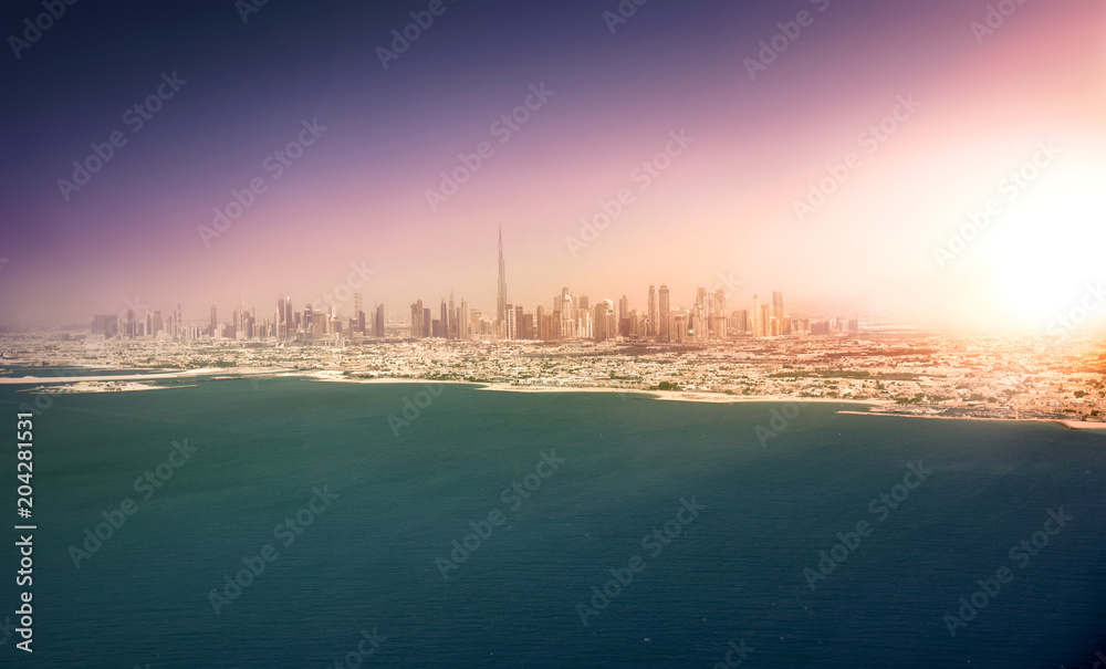 Dubai skyline at sunset, United Arab Emirates Dubai skyline at sunset, United Arab Emirates