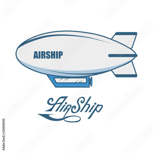 Airship icon with a long shadow. Balloon. Ship hovering in the air. Vector graphics to design.