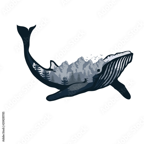 whale double exposure. Wildlife for your design, outdoors symbol whale double exposure. Vector graphics to design.