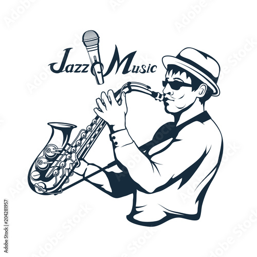 jazz player with saxophone. Saxophone player. Lettering with a microphone. Silhouette of a musician Vector graphics to design.