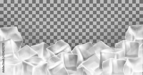 Vector 3d realistic ice cubes frame, border. Square transparent frozen objects. Frost blocks isolated on translucent background.