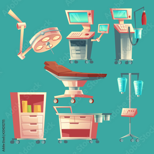 Vector medical surgery set, cartoon hospital equipment. Medicine life support system with lamp for emergency. Clinic stuff, surgical operating elements.