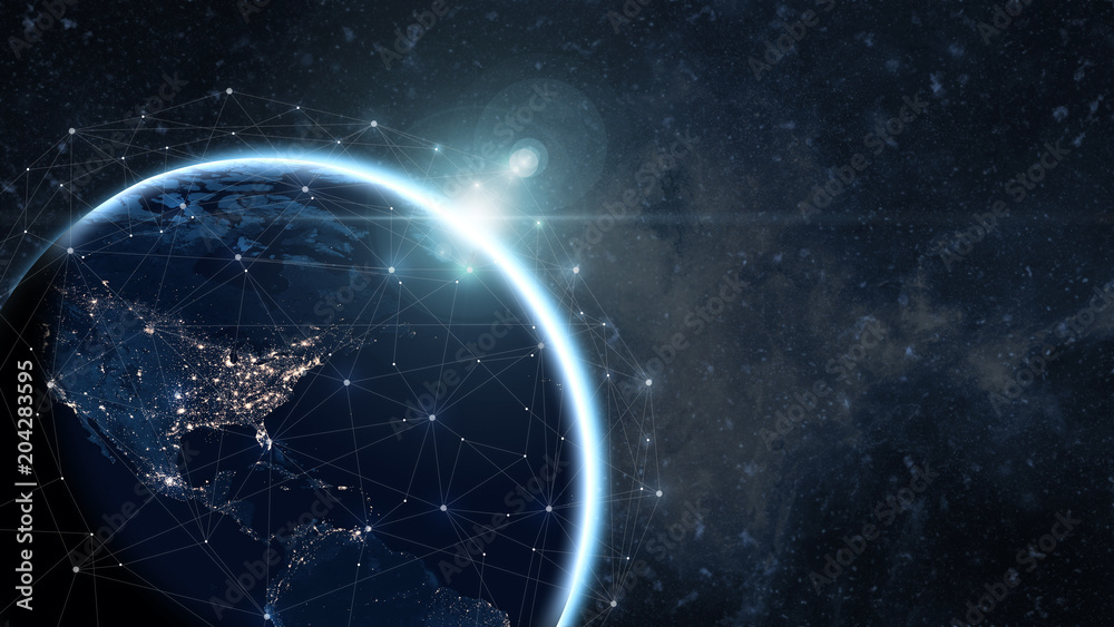 Obraz premium Global communication network concept network dots surrounding planet earth with focus on America. Information exchange via satellites.