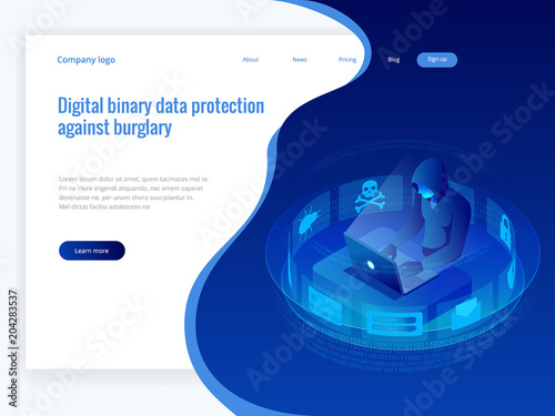 Isometric vector Internet hacker attack and personal data security concept. Computer security technology. Email spam viruses bank account hacking. Hacker working on a code. Internet crime concept.