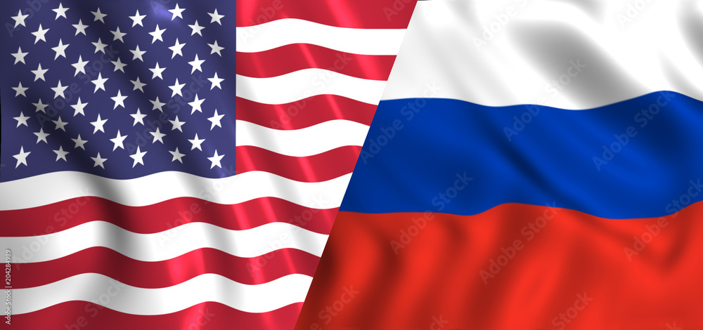 Fototapeta premium US flag and russian flag waving symbol of relation