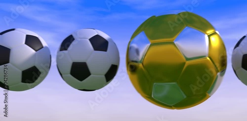 row of rotating plain soccer balls and one greater golden against the sky, 3d rendering
