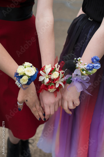 Girls wearing wrist corsages for prom