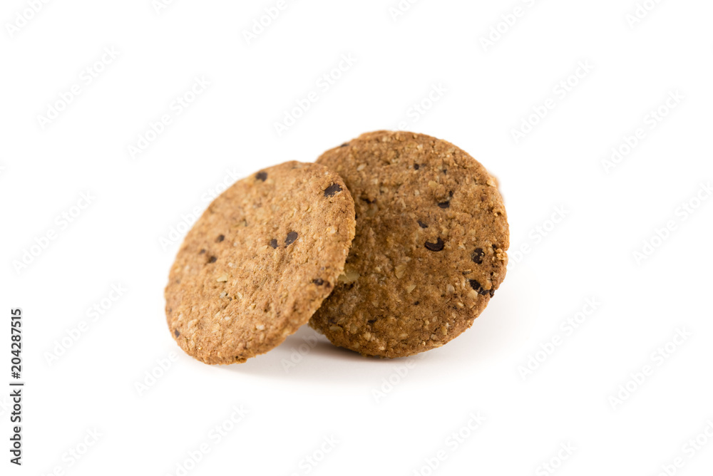 Oatmeal cookies and chocolate on white background. healthy breakfast Oatmeal cookies and chocolate on white background. healthy breakfast