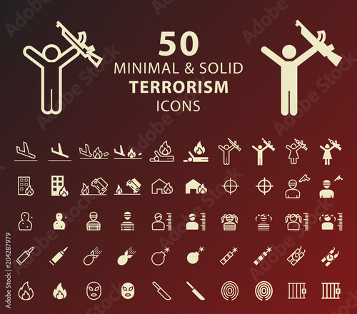 Set of 50 Outline and Solid Terrorism Icons . Vector Isolated Elements