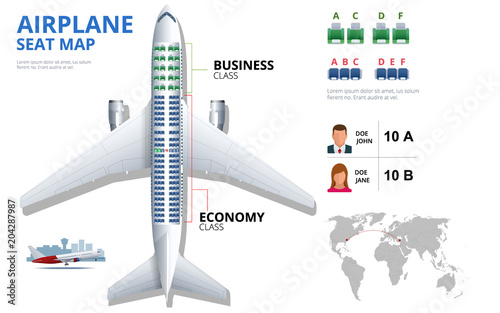 Chart airplane seat, plan, of aircraft passenger. Aircraft seats plan top view. Business and economy classes airplane indoor information map. Vector illustration of Plane on ultraviolet background.
