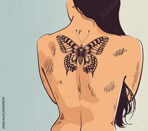 Girl with tattoo. Woman turned with her back. Butterfly tattoo on back