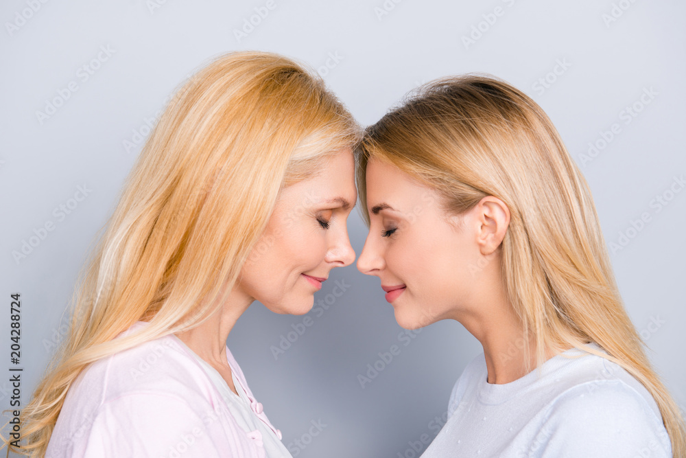 Side view portrait of cute lovely charming mom and adult kid with close eyes, nose to nose isolated on grey background, feeling native connection, enjoying leisure time together, love you forever Side view portrait of cute lovely charming mom and adult kid with close eyes, nose to nose isolated on grey background, feeling native connection, enjoying leisure time together, love you forever