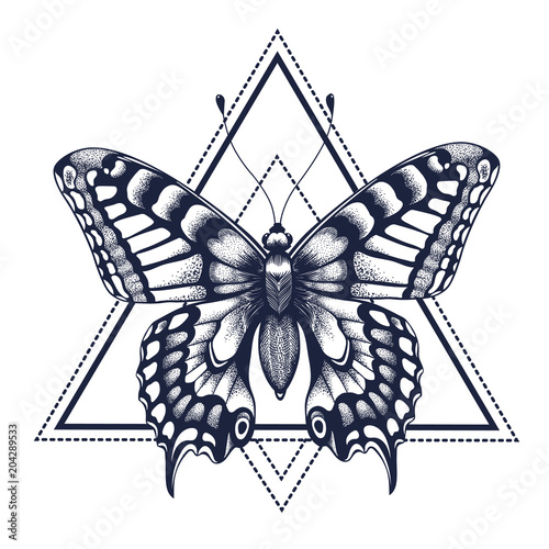 Butterfly in triangle tattoo. Dotwork tattoo.