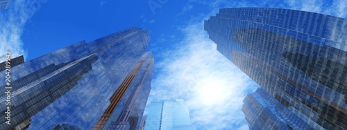 Panorama of modern high-rise buildings  skyscrapers view from below  