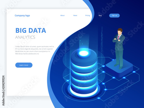Isometric Digital Technology Web Banner. BIG DATA Machine Learning Algorithms. Analysis and Information. Big Data Access Storage Distribution Information Management and Analysis