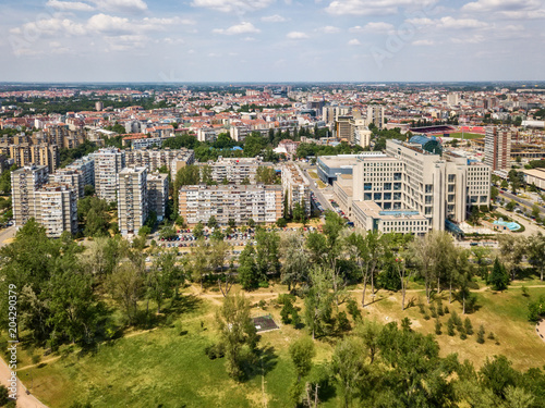 Novi Sad, Serbia May 09, 2018: Beautiful drone shot of Liman Park and Novi Sad, Serbia. Panoramic view of the Novi Sad. Novi Sad from the air.