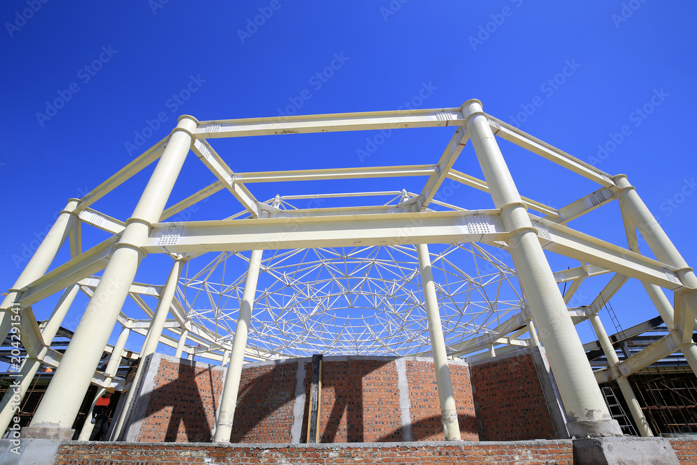 The steel frame structure under construction