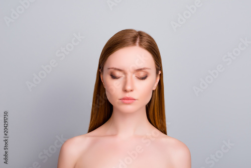 Mask lotion cream cheekbones freshness natural shaping fillers lips lipstick concept. Close up portrait of beautiful charming serious with closed eyes naked shoulders girl isolated on gray background