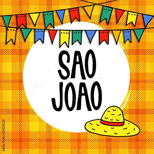 Sao Joao or Festa junina, Brazilian june party greeting card, invitation. Garland of hand drawn flags and straw hat. Vector illustration background, colorful checkered plaid pattern.