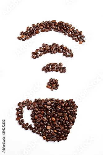 WiFi icon and cup of coffee sign. Coffee beans cup isolated. Free WiFi