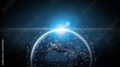 Global communication network with dots surrounding planet earth with focus on Europe. Information exchange via satellites.