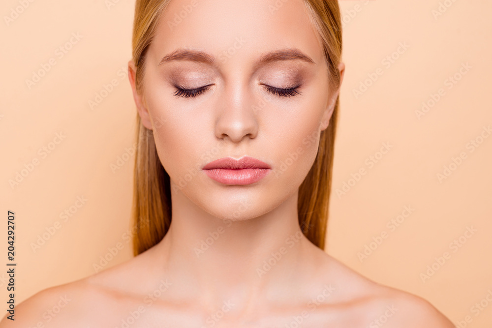 Close up cropped portrait of pretty, charming, sexy, cute girl with problem oil dry face skin, isolated on beige background, hygiene, correction, nutrition, rejuvenation, treatment, therapy concept Close up cropped portrait of pretty, charming, sexy, cute girl with problem oil dry face skin, isolated on beige background, hygiene, correction, nutrition, rejuvenation, treatment, therapy concept