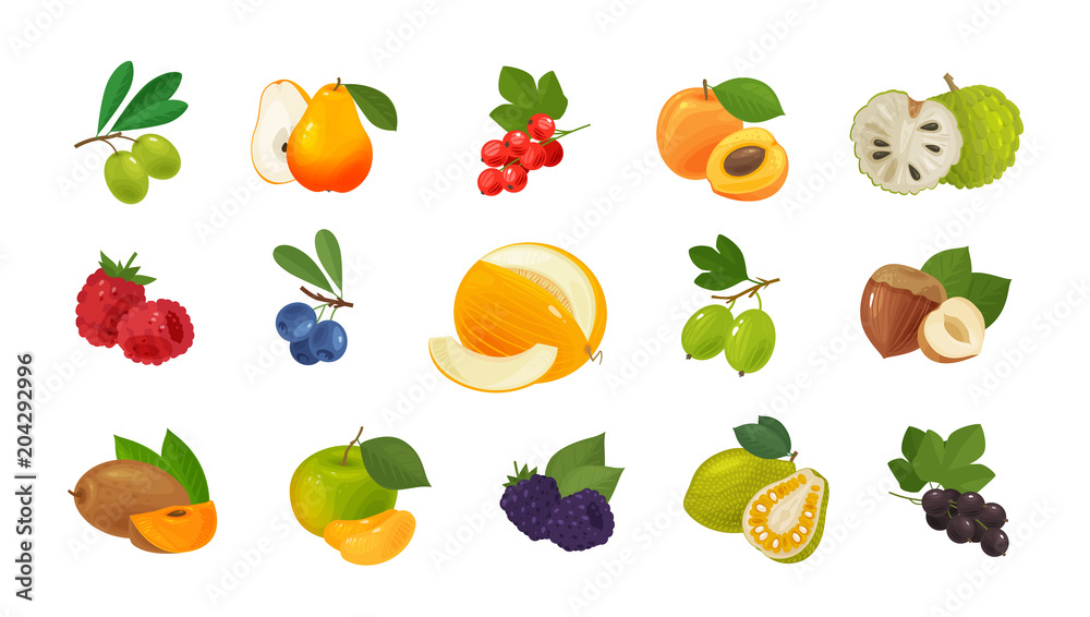 Fruits and berries, set of colored icons. Food concept. Vector illustration Fruits and berries, set of colored icons. Food concept. Vector illustration