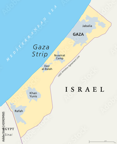 Gaza Strip political map. Self governing Palestinian territory on the coast of Mediterranean Sea that borders to Israel and Egypt. Claimed by State of Palestine. English labeling. Illustration. Vector