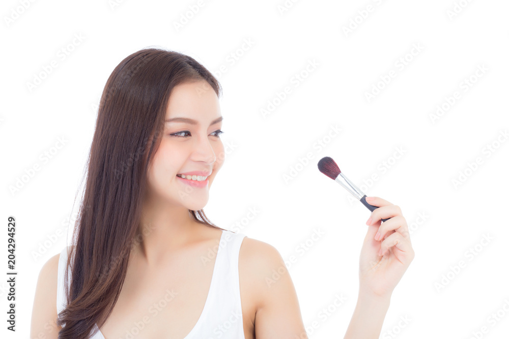 Beauty asian woman applying make up with brush of cheek isolated on white background, beautiful of girl holding blusher, skincare and cosmetic concept. Beauty asian woman applying make up with brush of cheek isolated on white background, beautiful of girl holding blusher, skincare and cosmetic concept.