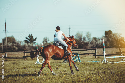 A woman jockey participates in competitions in equestrian sports, jumping.
