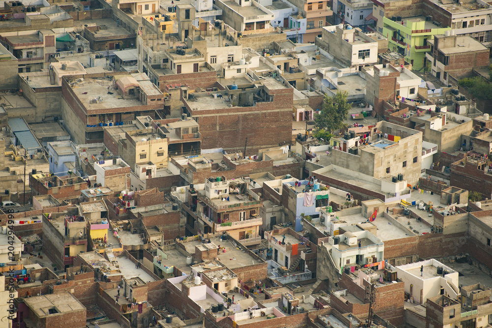 Aerial view of hundreds of houses in the city of Jaipur, Rajasthan, India.