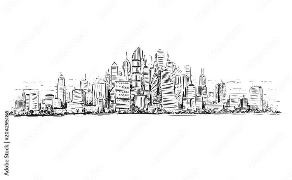 Vector artistic sketchy pen and ink drawing illustration of generic city high rise cityscape landscape with skyscraper buildings.