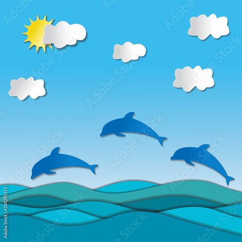Paper style vector - sea with dolphins and sun