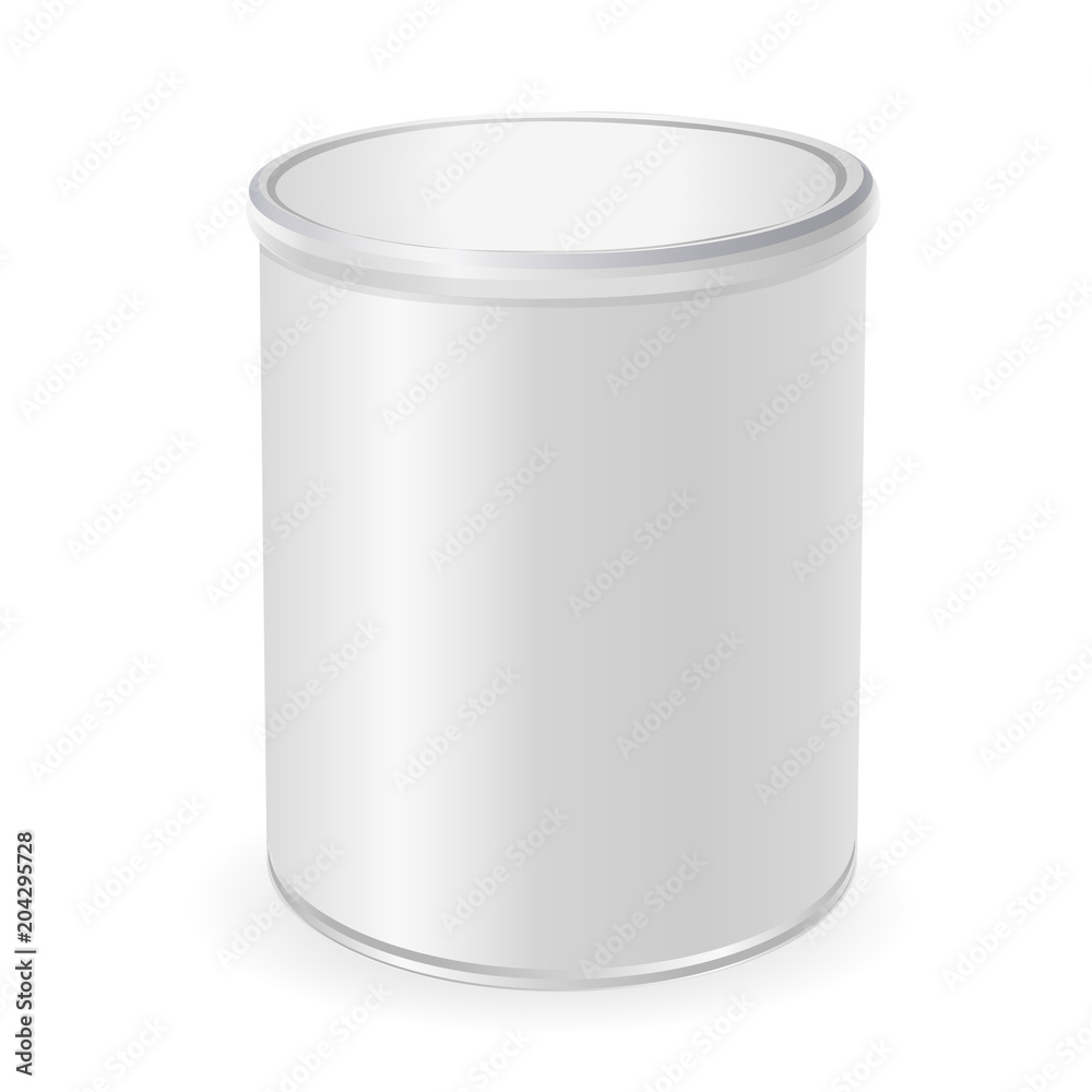 3D metal jar for coffee, baby food. Cylinder of for baby powder milk, cereal etc. Jar mock-up. Isolated on white background. Vector