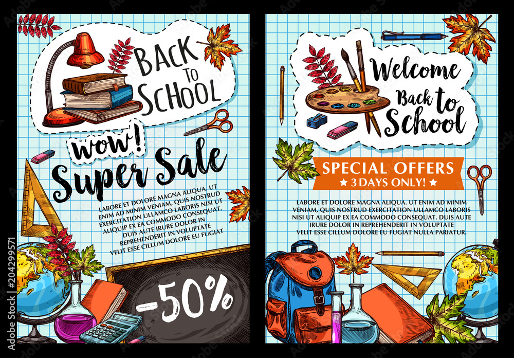 Back to School vector sale posters