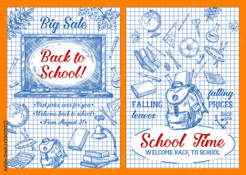 Back to School sale vector sketch posters