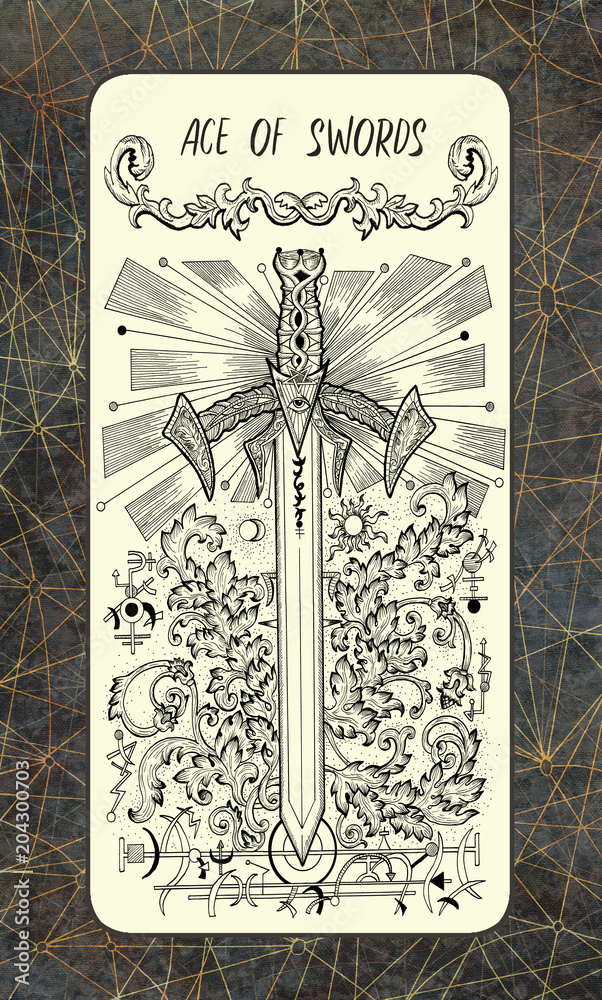 Ace of swords. The Magic Gate Tarot deck card. Fantasy engraved